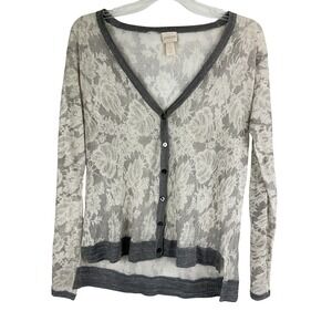 Chicos Lace Overlay Cardigan Sweater Gray Metallic Trim V Neck Button Front